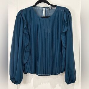 Zara Blouse Pleated Chiffon Ruffle Sheer Long Sleeve Top Turquoise Green Large